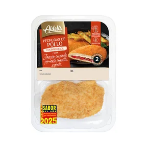 ALDELÍS Pehugas de pollo empanadas y rellenas de jamón curado, pimiento del piquillo y queso 2 uds.