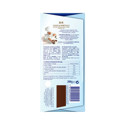 LINDT Chocolate leche de avellanas 200 g.