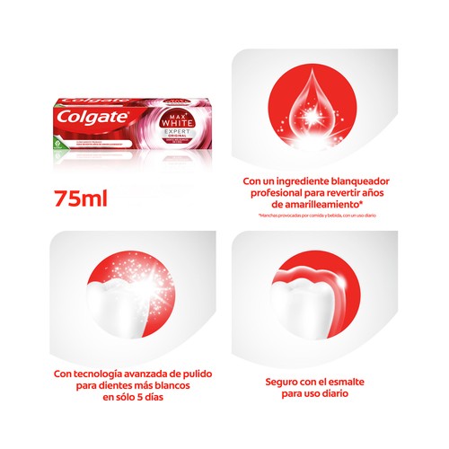COLGATE Max white expert original Pasta de dientes blanqueadora con flúor, sabor menta 75 ml.