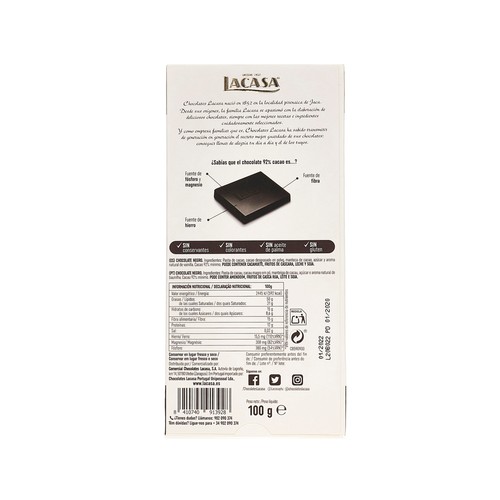 LACASA Chocolate negro 92 % cacao 100 g.