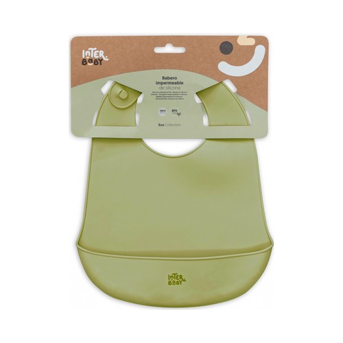 Babero silicona INTERBABY con recogemigas de 23x28,5x2cm, color verde.
