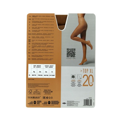 Panty transparente mate, 20den, POMPEA, color ambrato, talla XL.