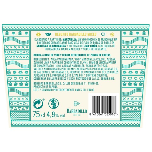 BARBADILLO Mixed Rebujito (lima-limón, manzanilla y hierbabuena) botella 75 cl.