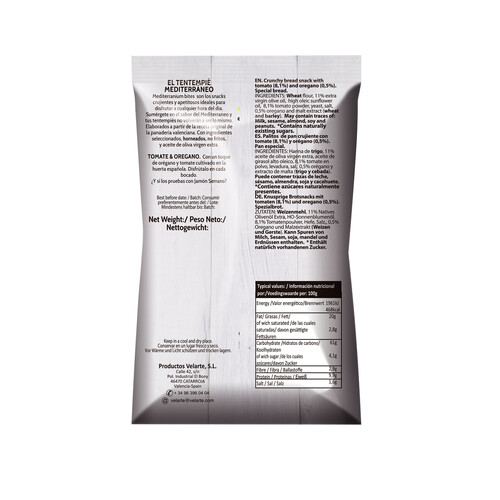 VELARTE Snack palitos de pan crujiente con sabor a tomate y orégano VELARTE MEDITERRANIUM BITES 80 g.