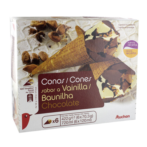 AUCHAN Conos de helado de vainilla y chocolate con trocitos de almendra caramelizada 6 x 120 ml. Producto Alcampo