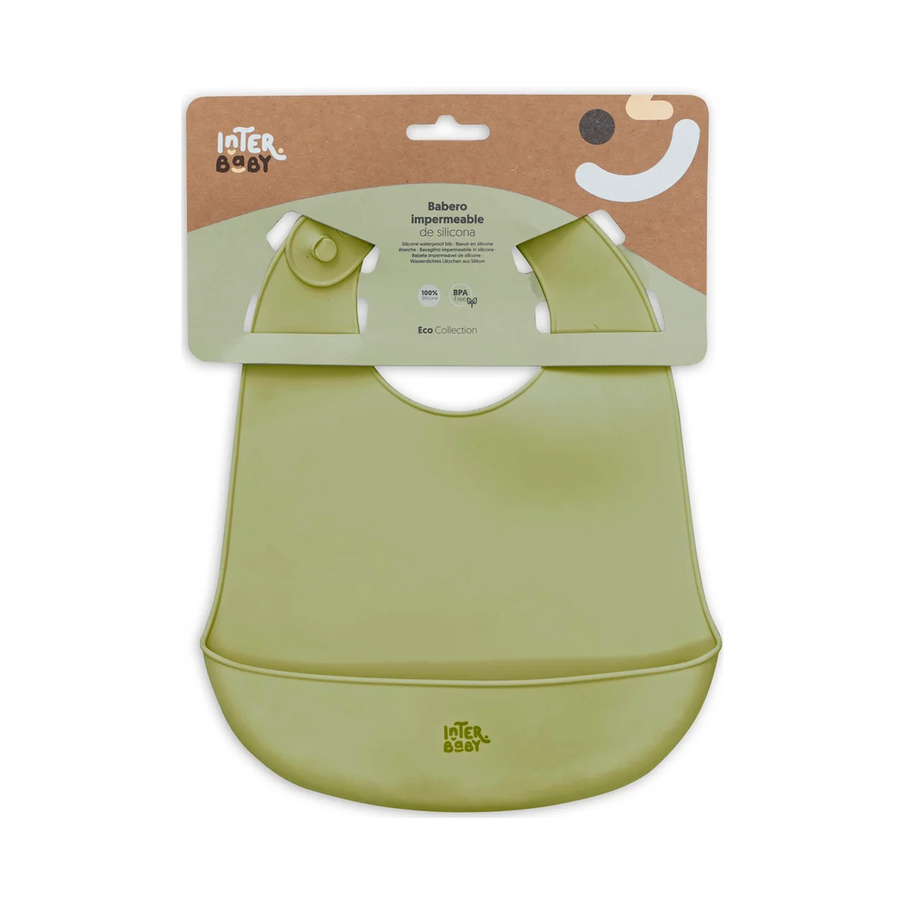 Babero silicona INTERBABY con recogemigas de 23x28,5x2cm, color verde.
