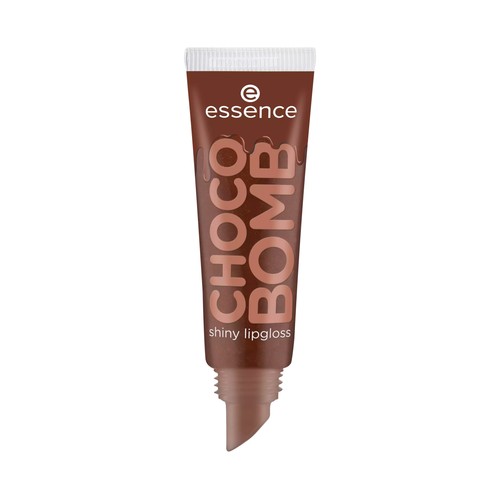 ESSENCE Choco bomb tono marrón Brillo de labios no pegajoso con partículas doradas brillantes.