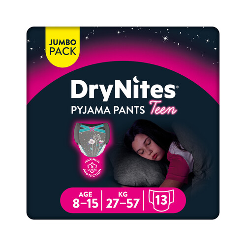 DRYNITES Pañales de noche talla 8 (braguitas absorbentes), para niñas de 27 a 57 kilogramos y de 8 a 15 años DRYNITES Pijama pants teen 13 uds.