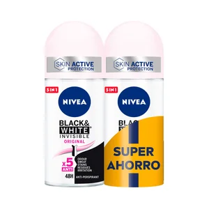 NIVEA Black & white invisible original Desodorante roll on para mujer con protección anti transpirante hasta 48 horas 2 x 50 ml.