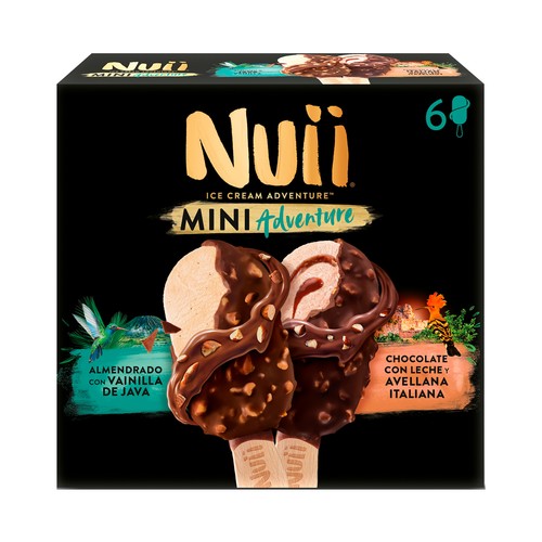NUII Adventure Mini helados de vainilla de Java (3) y de avellana italiana (3), recubiertos de chocolate con leche 6 x 55 ml.