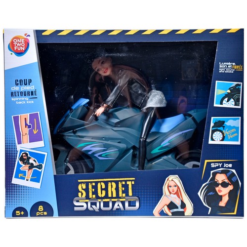 Muñeca Secret Squad Espia con Moto 8 piezas, con luz y sonido +5 Años ONE, TWO FUN