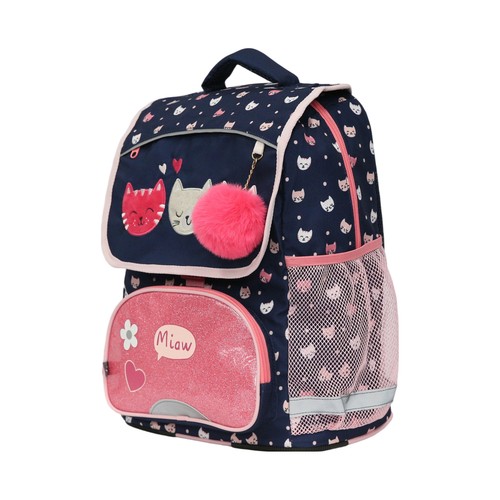 Mochila de 38cm con solapa, varios compartimentos, gatos, ALCAMPO.