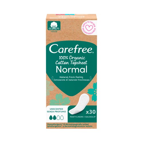 CAREFREE Cotton natural Protegeslip (salvaslips) normal, de algodón orgánico, hipoalergénicos y transpirables 30 uds.