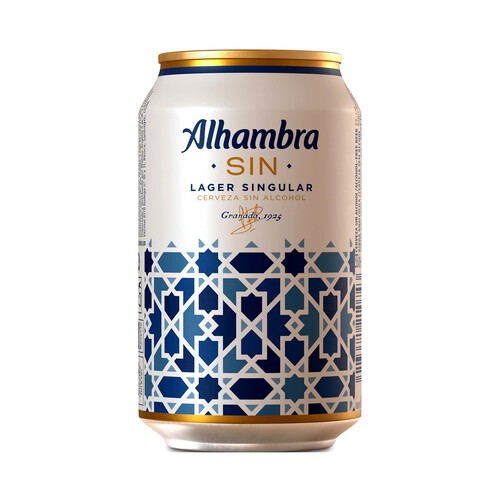 Cerveza sin alcohol ALHAMBRA SIN LAGER SINGULAR lata de 33 centilitros