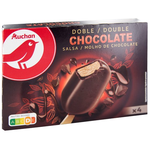 AUCHAN Bombon helado de chocolate con salsa de chocolate, recubierto de chocolate doble 4 x 100 ml. Producto Alcampo