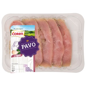 Bandeja de pechuga de pavo cortada en filetes y marinada al ajillo COREN
