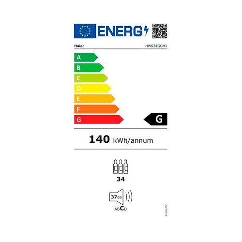 Vinoteca HAIER HWS34GGH1, color negro, 34 botellas, eficiencia energética: G, H: 85cm, A: 47,5cm, F: 45,6cm.