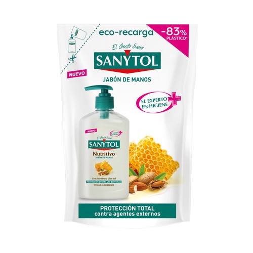 Recambio de jabón de manos líquido con almendras y jalea real y acción nutritiva SANYTOL 200 ml.