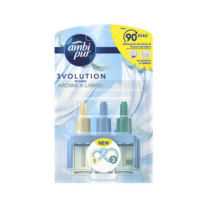 Imagen de AMBIPUR Recambio para ambientador eléctrico con aroma limpio AMBIPUR 3 uds. 20 ml.