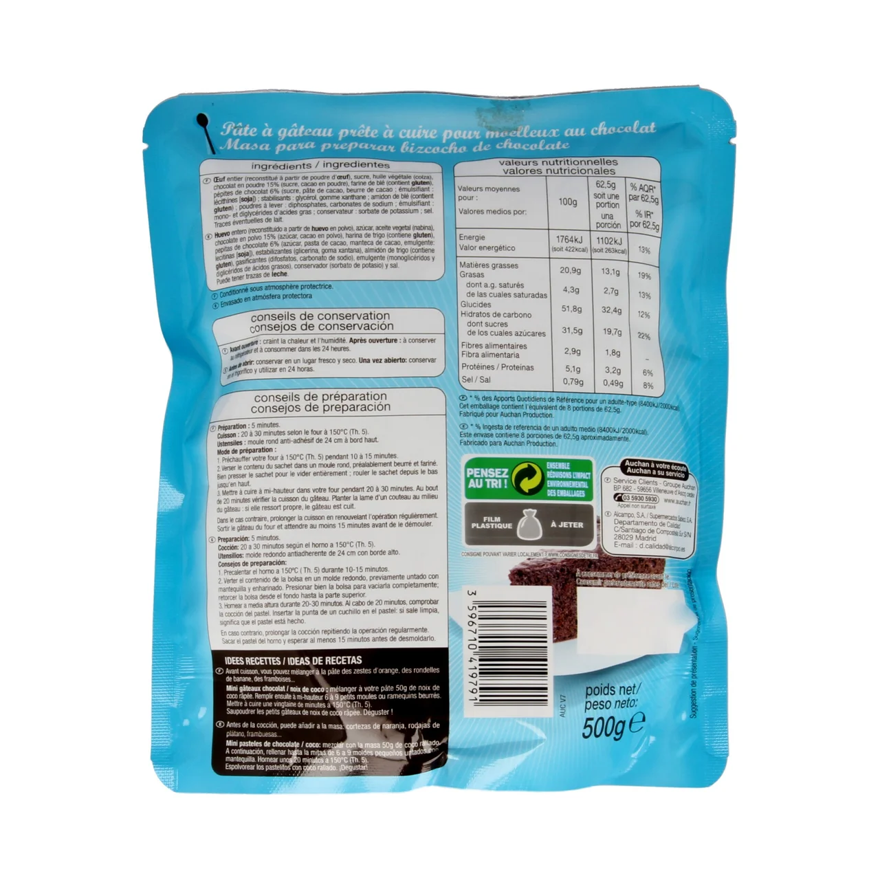 PRODUCTO ALCAMPO Masa para preparar bizcocho de chocolate 500 g.