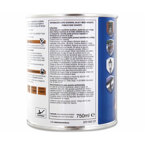 Bote de 0.75l. de esmalte negro brillante antióxido para metales, uso exterior HAMMERITE.