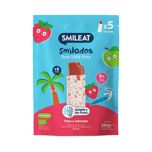 SMILEAT Flash 100% de fruta ecológica (fresa y manzana), sin azúcares añadidos, a partir de 6 meses 5 x 50 g.