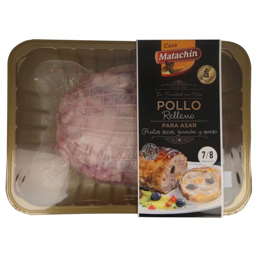 Pollo deshuesado relleno de frutos secos, jamón y queso, listo para asar ALDELÍS pieza de 1.5 kilos aproximadamente.