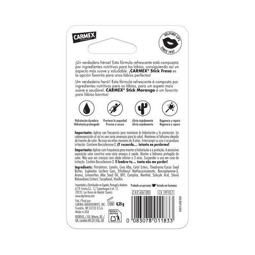 CARMEX Bálsamo labial hidratante, especial labios secos y agrietados, sabor fresa.