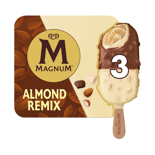 MAGNUM Almond remix Bombón almendrado con helado sabor almendra, recubierto de chocolate con leche y chocolate blanco 3 x 85 ml.