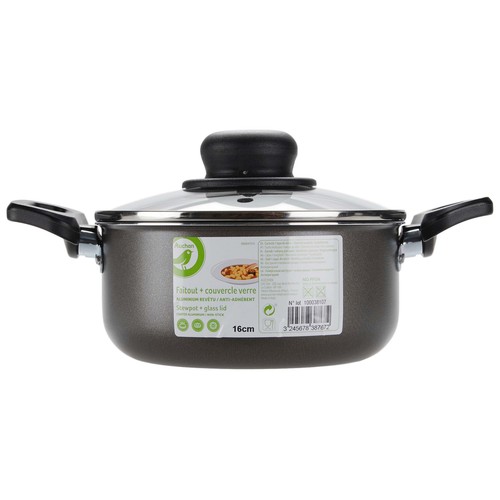 Cacerola de aluminio con tapa de vidrio e interior antiadherente 16 cm. Vitro ESSENTIAL.