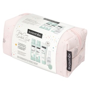 Imagen de SUAVINEX Baby care essentials set Neceser rosa con productos para el cuidado y la higiene del bebe.