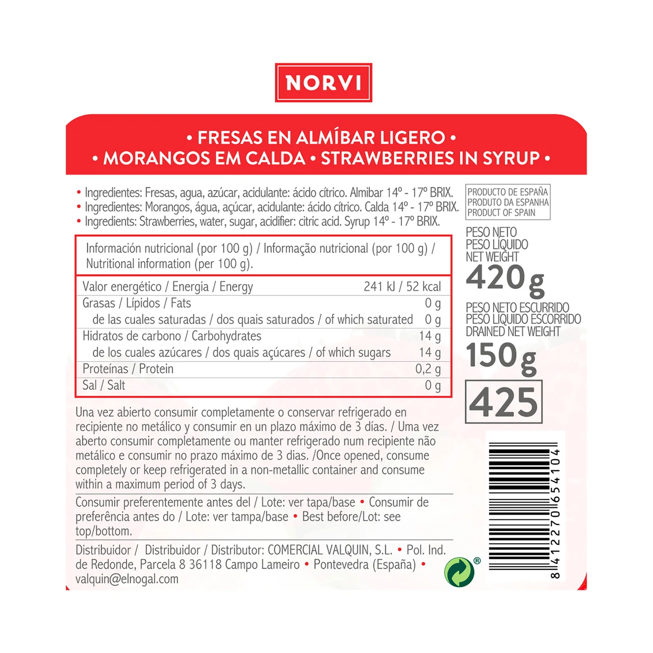 Fresas en almíbar ligero 150 g.