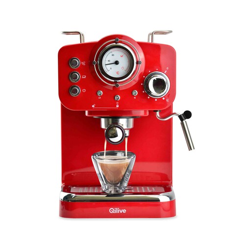 Cafetera espresso QILIVE Vintage, presión 15bar, termómetro, vaporizador, café molido, 1100W.