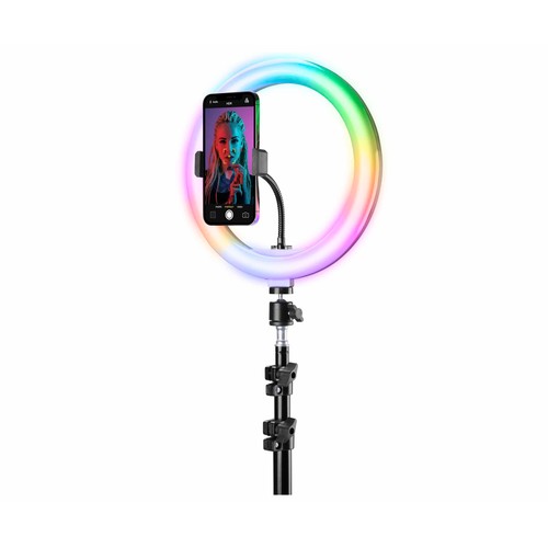 Aro de luz con trípode CELLULAR LINE SELFIERINGPROMULTK, anillo Led 10'', altura 1,60m, 18 modos de iluminación RGB, mando Bluetooth.