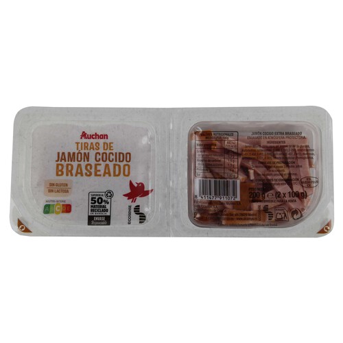 Jamón cocido braseado cortado en tiras y elaborado sin gluten y sin lactosa PRODUCTO ALCAMPO 2 x 100 g.