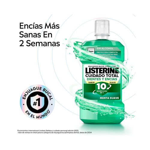 LISTERINE Enjuague bucal de uso diario, sin alcohol y con sabor a menta suave 500 ml.