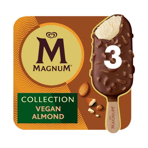 MAGNUM Collection Bómbon a base de soja con helado de vainilla, cubierto de chocolate y trocitos de almendra 3 x 90 ml.