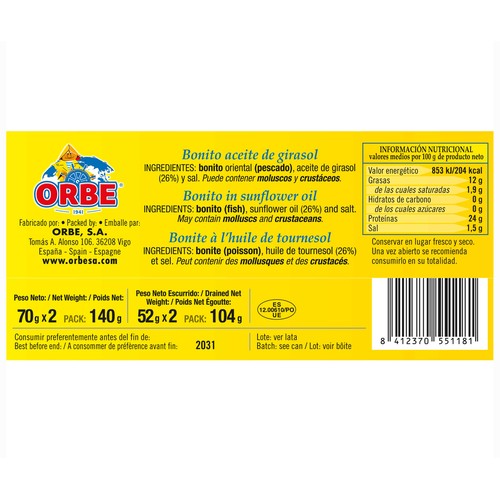 ORBE Bonito en aceite de girasol 2 x 52 gr