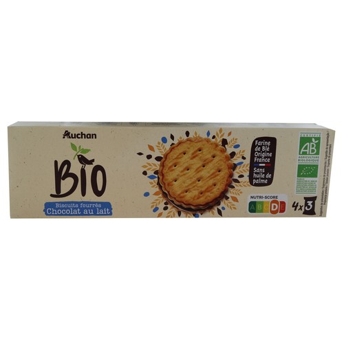 PRODUCTO ALCAMPO Galleta rellena de chocolate con leche ecológico 12 uds 185 g.