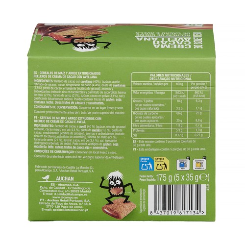 PRODUCTO ALCAMPO Mini cereales rellenos de cacao y avellana 175 g.