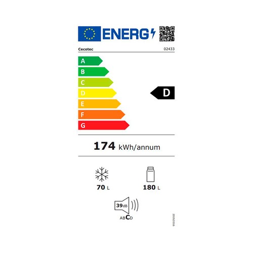 Frigorífico combi 180cm CECOTEC Bolero CoolMarket, NO FROST, color blanco, clasificación energética: D, H: 180cm A: 54cm, F: 57,6cm, capacidad total: 250L.