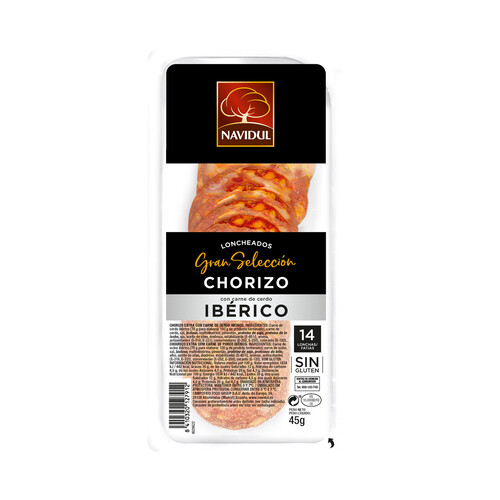 NAVIDUL Chorizo con carne de cerdo ibérico, sin gluten y cortado en lonchas NAVIDUL Gran selección 45 g.