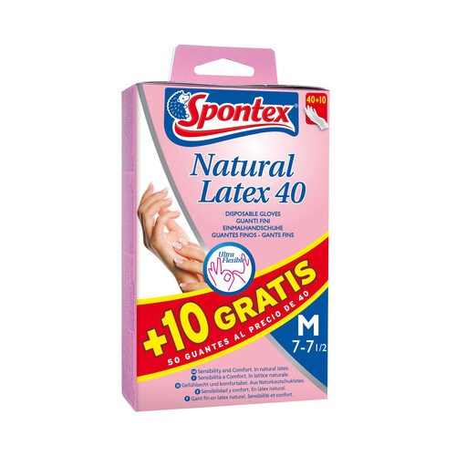 SPONTEX Guantes de látex y algodón fino talla M, 7-7 1/2 SPONTEX 40 + 10 uds.