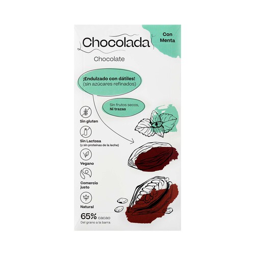 Chocolate negro 65% con menta, endulzado con dátiles, CHOCOLADA 85 g.