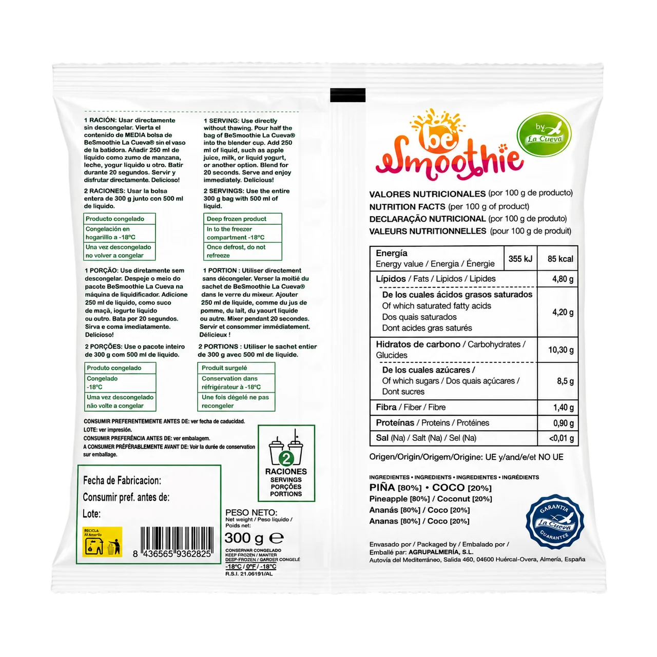 Be Smoothie de piña colada y coco 300 g.