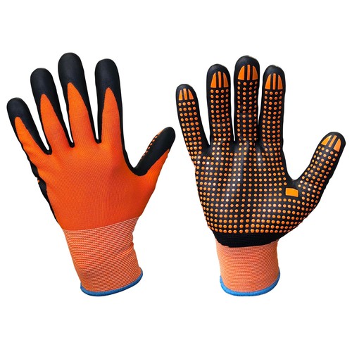 Guante de trabajo de nylon - puntos de color naranja talla 9, TUMAN.
