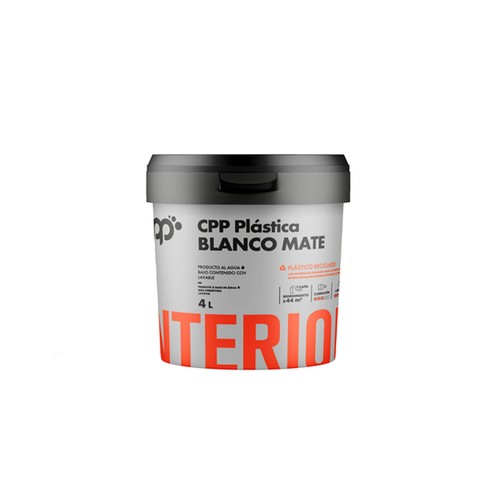 Pintura plástica mate al agua con buen poder de cubrición y excelente blancura, Color: Blanco Mate. 4 L. CPP.