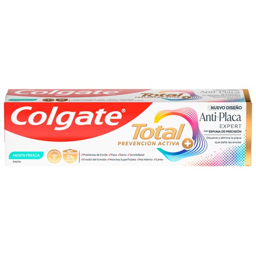 COLGATE Total prevención activa + expert Pasta de dientes de uso diario con espuma de precisión y acción anti-placa, sabor menta fresca 75 ml.