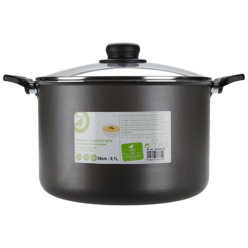 Olla de aluminio con tapa de vidrio e nterior antiadherente 26 cm. Vitro ESSENTIAL.