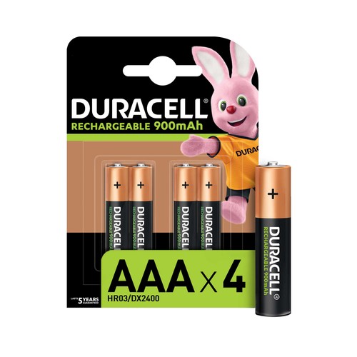 Pack de 4 pilas recargables AAA, Ni-MH, LR3, DURACELL, 900 mAh.